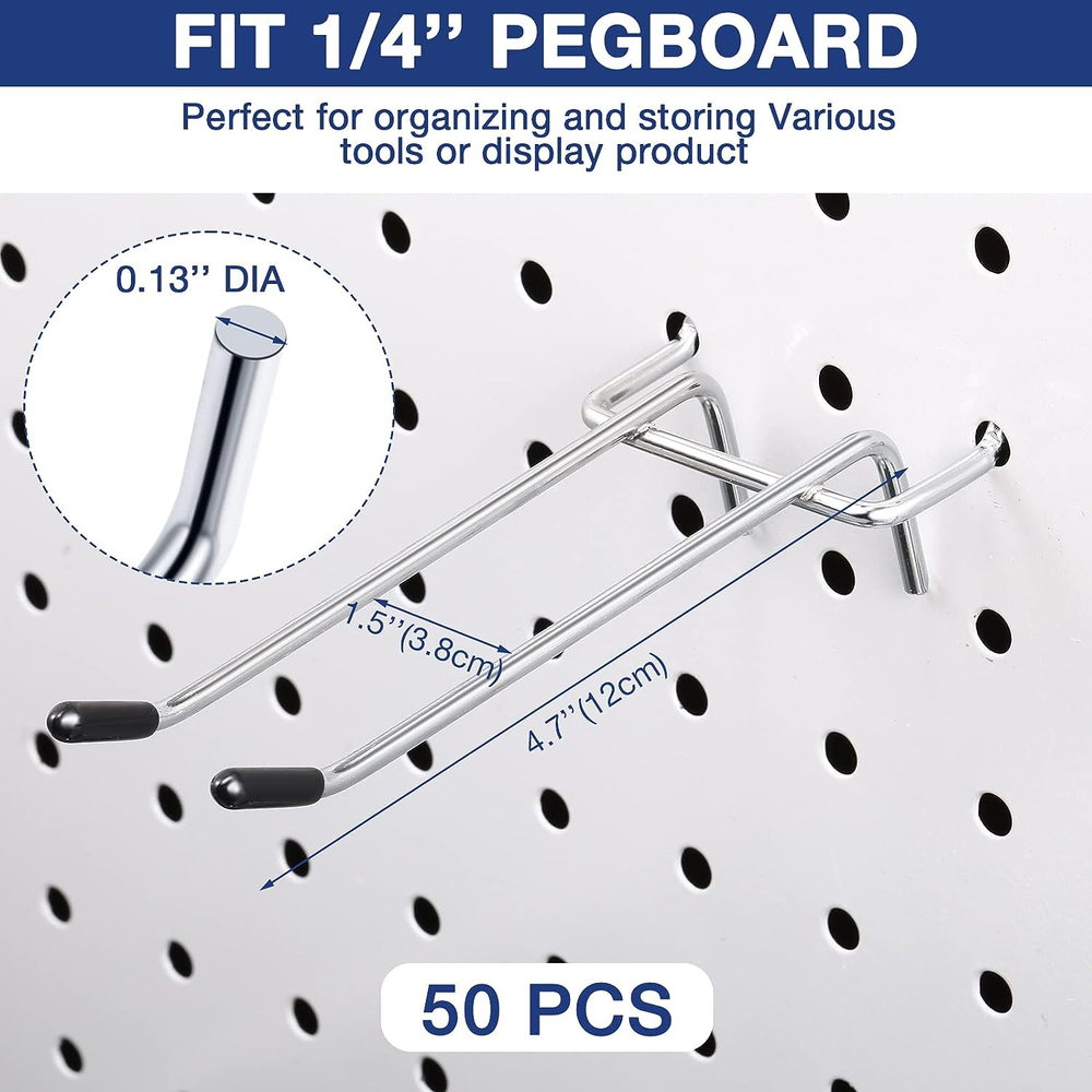 50 Pack Pegboard Hooks Stainless Steel Double Arm Peg Board Straight Tool