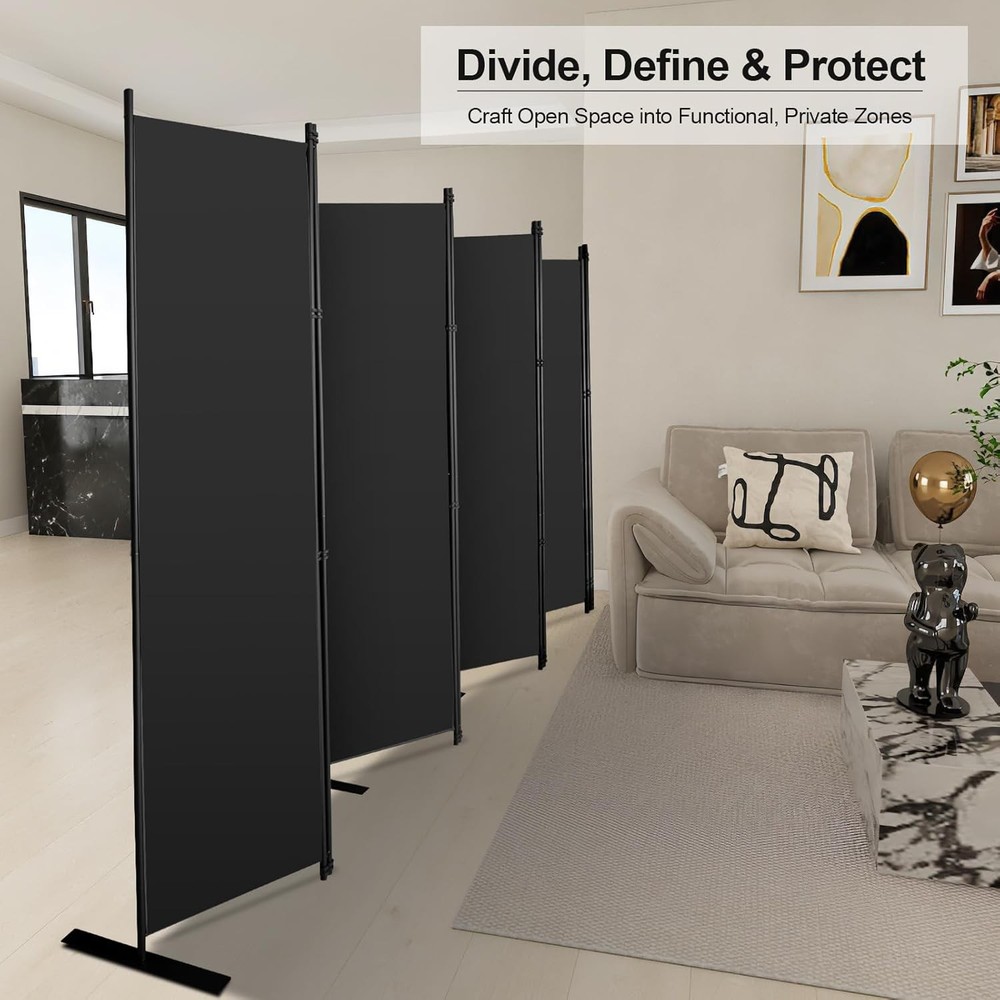 MAYOLIAH 8-Panel Black Room Divider 6ft Tall Folding Privacy Screen Portable