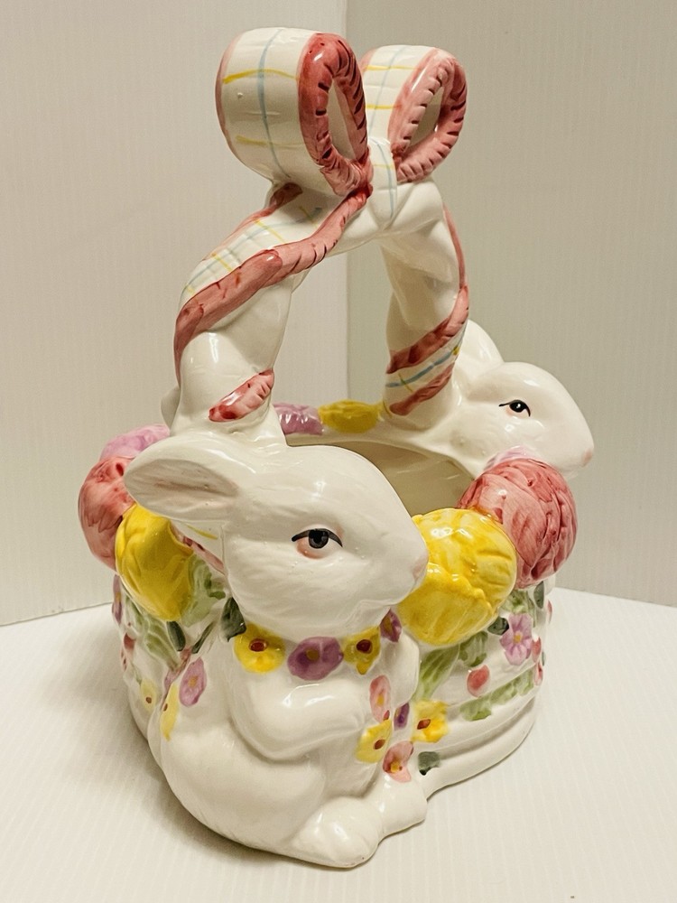 Ceramic Easter Egg Basket with Bow Handle Spring Bouquet and 2 Bunnies/Rabbits.