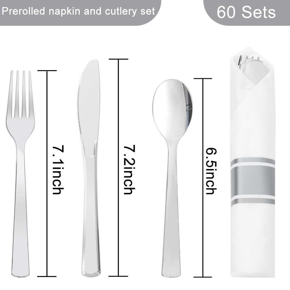 EI 60Pack Pre Rolled Silver Plastic Silverware Disposable Rolled Cutlery with...