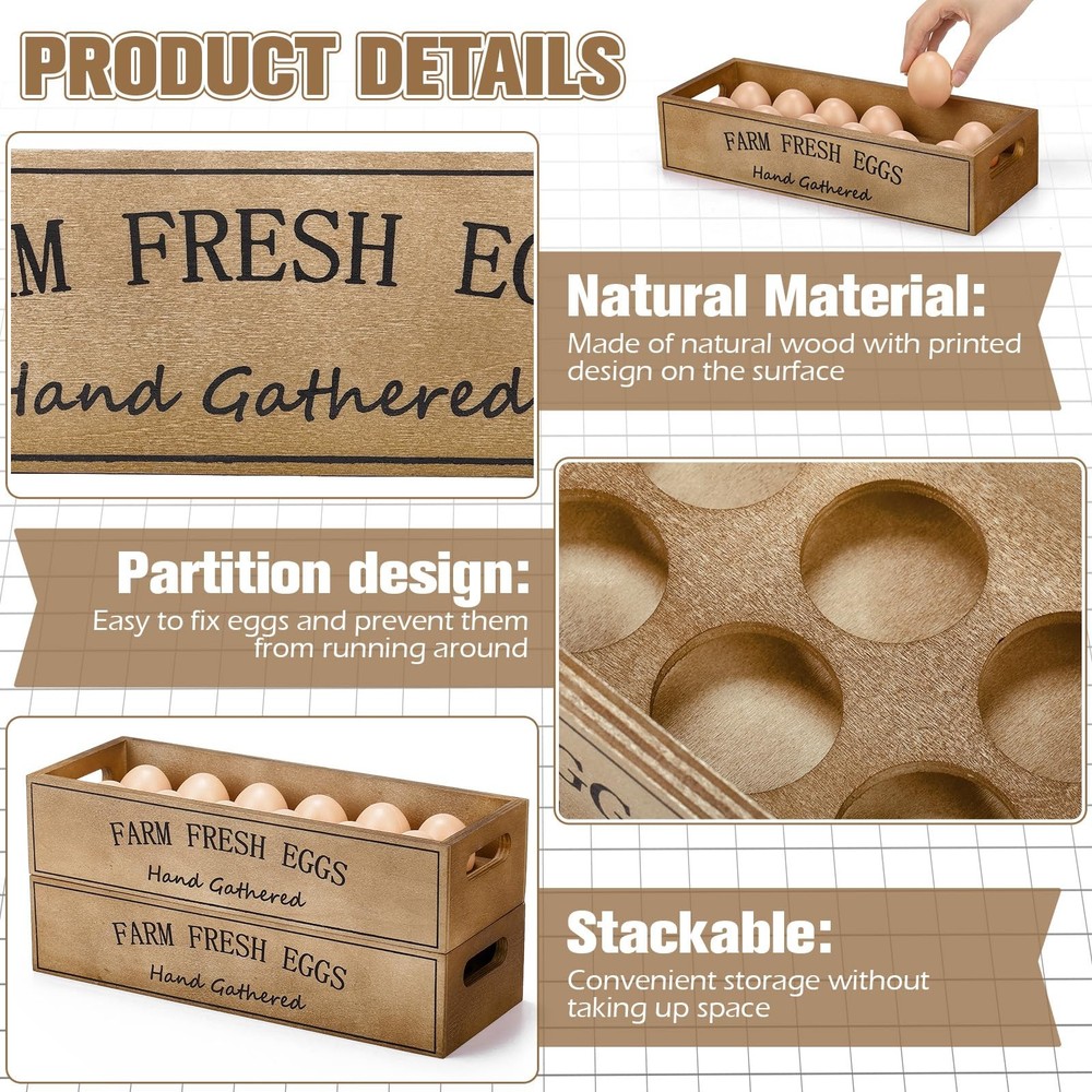 2 Pieces Farm Wooden Egg Crate for 24 Fresh Eggs Stackable Storage Box