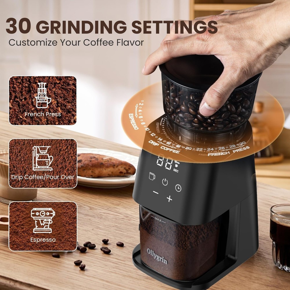 Conical Burr Coffee Grinder with Touch Panel with 30 Grinding Settings,2-12 Cups
