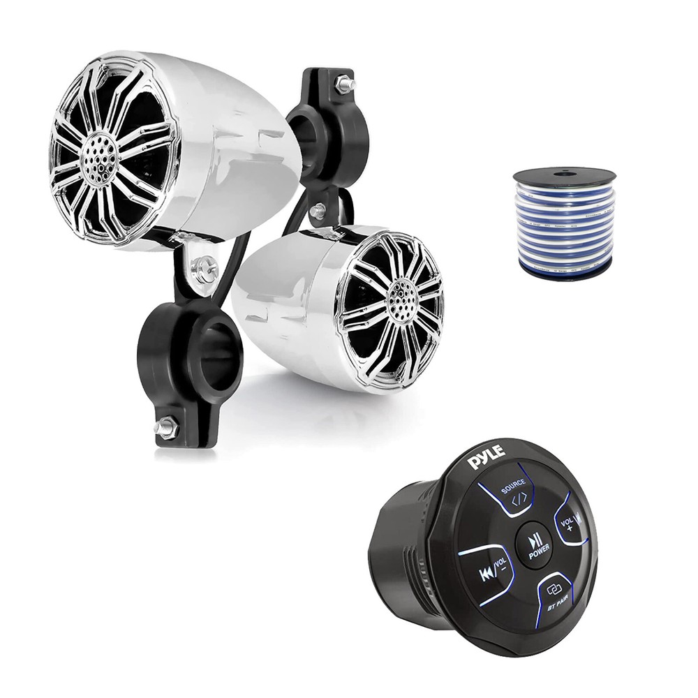 Pyle 4-CH Marine Bluetooth Controller, 2x 2.25" Off-Road Speakers (Chrome),Wire