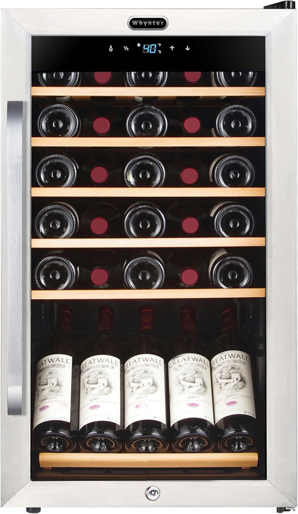 34-Bottle Stainless Steel Wine Refrigerator with Digital Control & Display Shelf