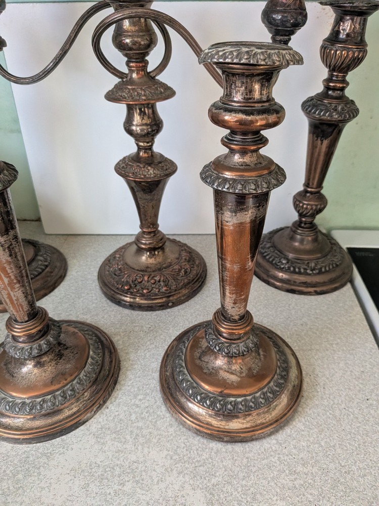 COLLECTION ANTIQUE SILVER PLATED ON COPPER CANDLESTICKS / CANDELABRA