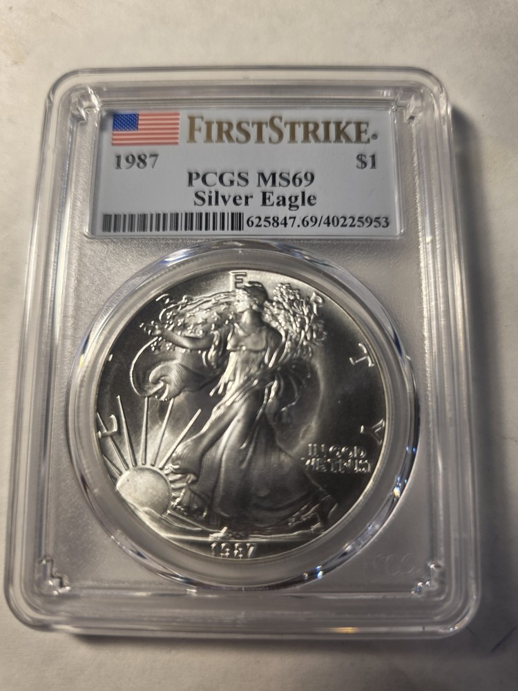 1987 Silver Eagle PCGS MS69 First Strike  BLAST WHITE GEM 2nd Year-Flag Label