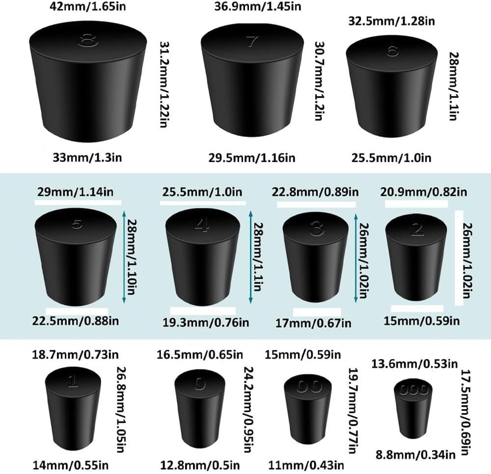 30 PCS Solid Rubber Stoppers, 11 Assorted Sizes(000# - 8#) Tapered Lab Bungs Bla