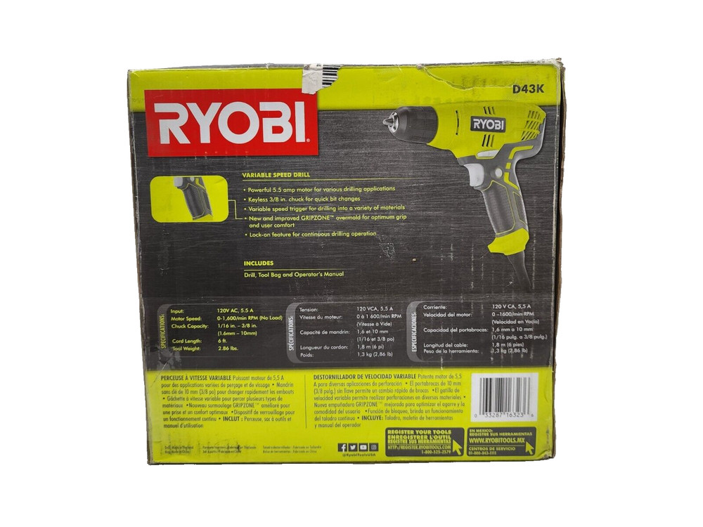 Ryobi D43K Variable Speed Drill With Keyless 3/8" Chuck & Tool Bag