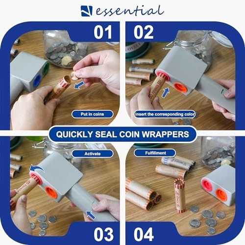 Electric Coin Wrapper Crimper Tool with 16 Color-Coded Preformed Coin Roll Wrapp