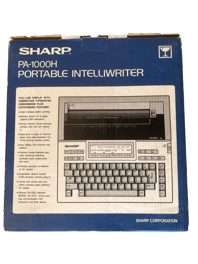Vintage Sharp PA-1000H Portable Intelliwriter Electric Typewriter CIB