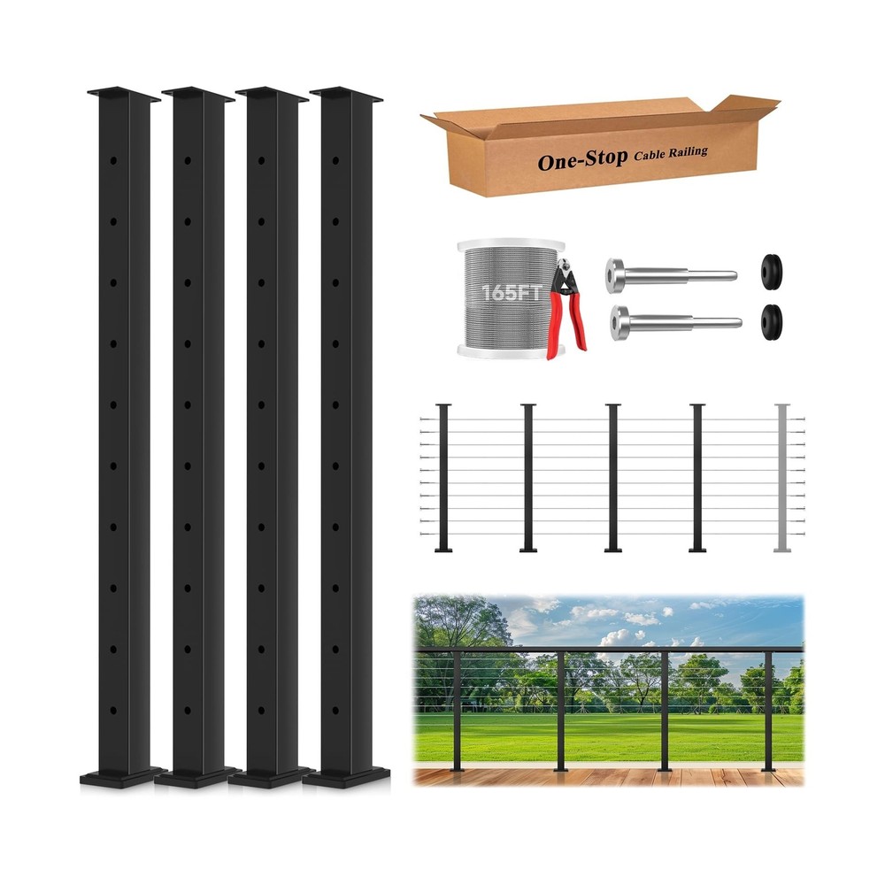 36" One-Stop Cable Railing Post Kit, 4 Pack Fixed Top Level Drilled Line Post...
