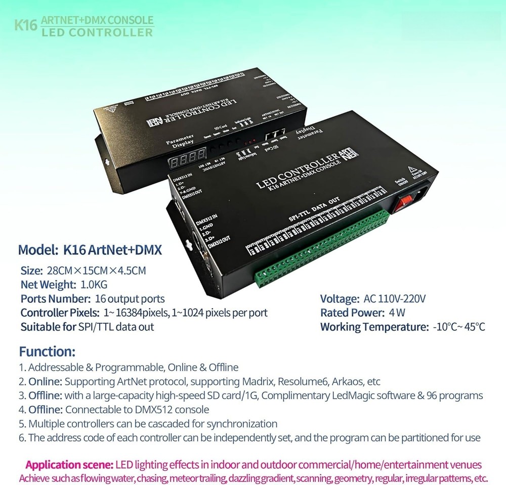 K16 Artnet Programmable Pixel LED Controller for DMX512 WS2811 RGB LED Strip