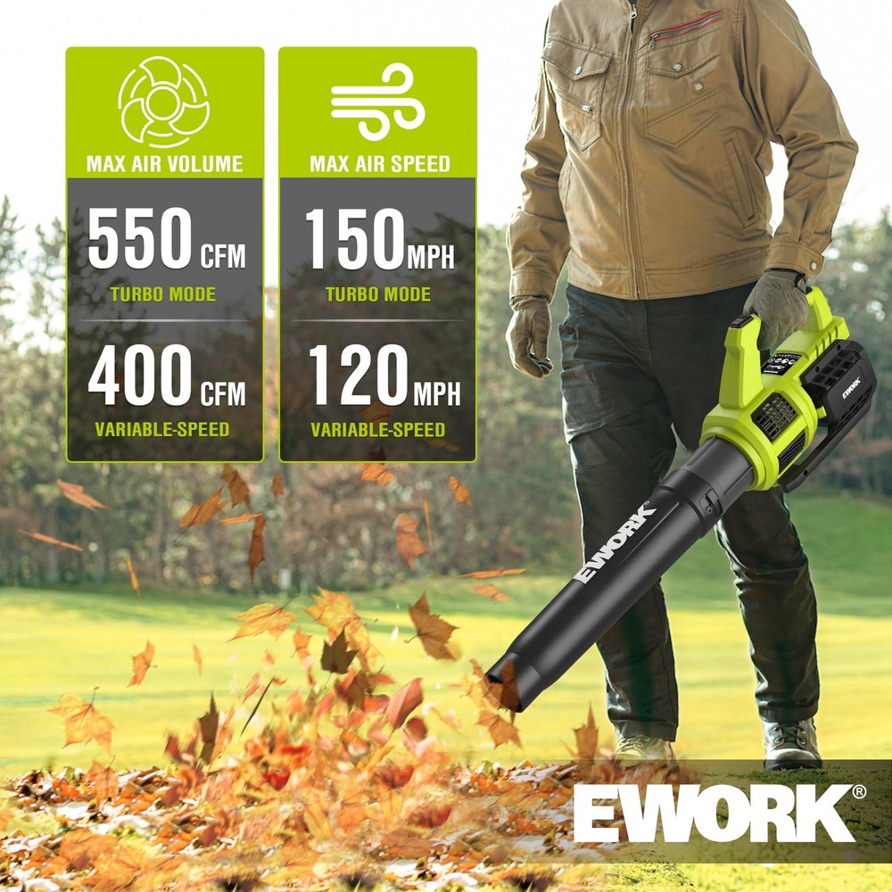 EWORK 21V Cordless Leaf Blower, Powerful Turbo Mode & 550 Green