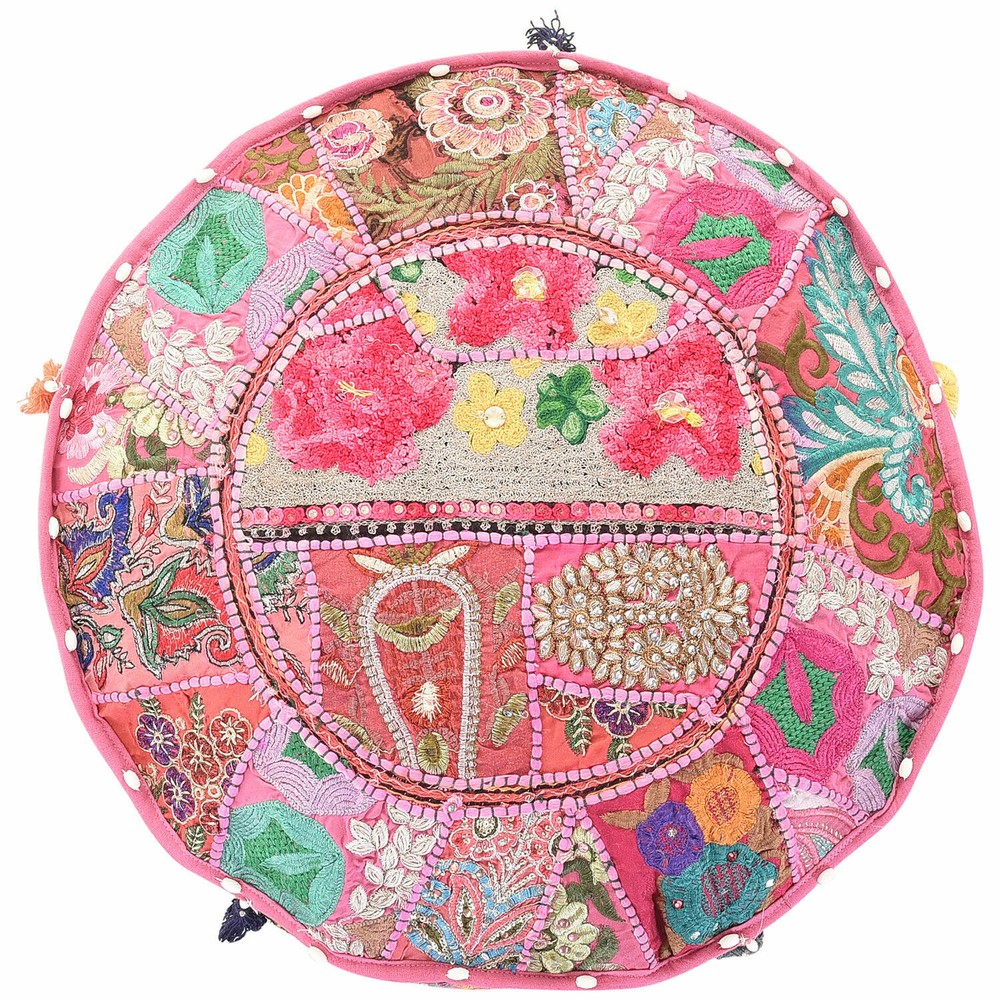 Indian Patchwork Round Pouf Ottoman Cover Foot Stool Moroccan Pouffe Cover