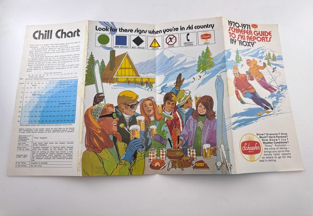 1970 1971 Schaeffer Beer Guide to Ski Reports Roxy Skiing Brochure Map A3