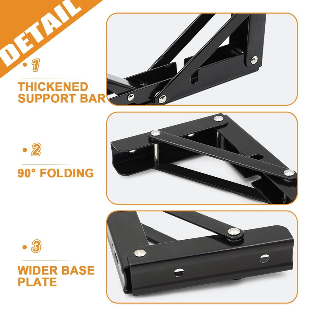 10" Heavy Duty Folding Shelf Brackets, Wall Mounted, 150 lb Load, 2 Pack, Black