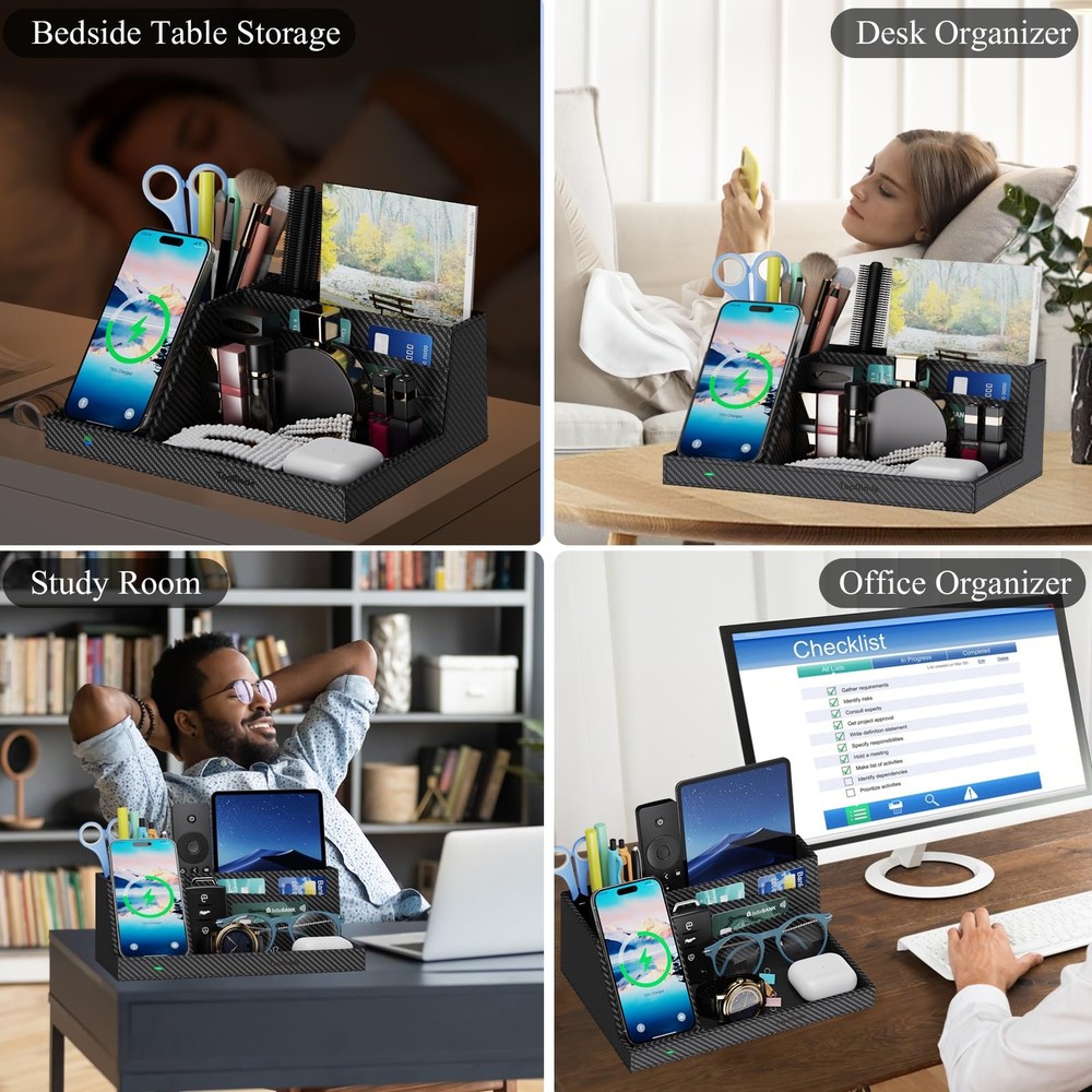 Wireless Charger Nightstand Organizer, Multi-Functional Leather Home Office S...