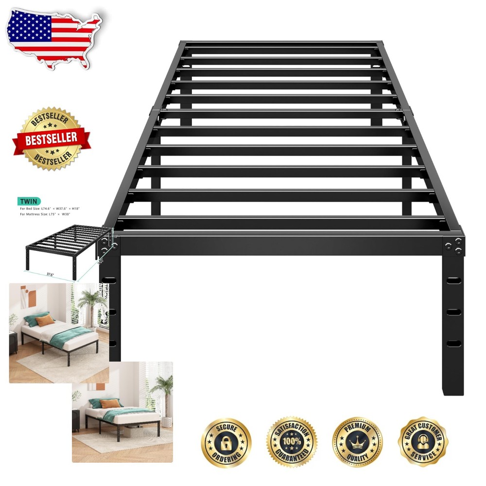 Twin Bed Frame 18" Height, Squeak Resistant, Under-Bed Storage, Black