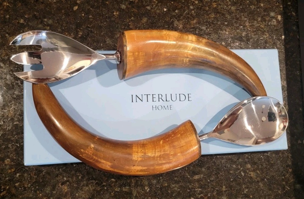 Natural Horn Salad Server Set- Interlude Home-original box