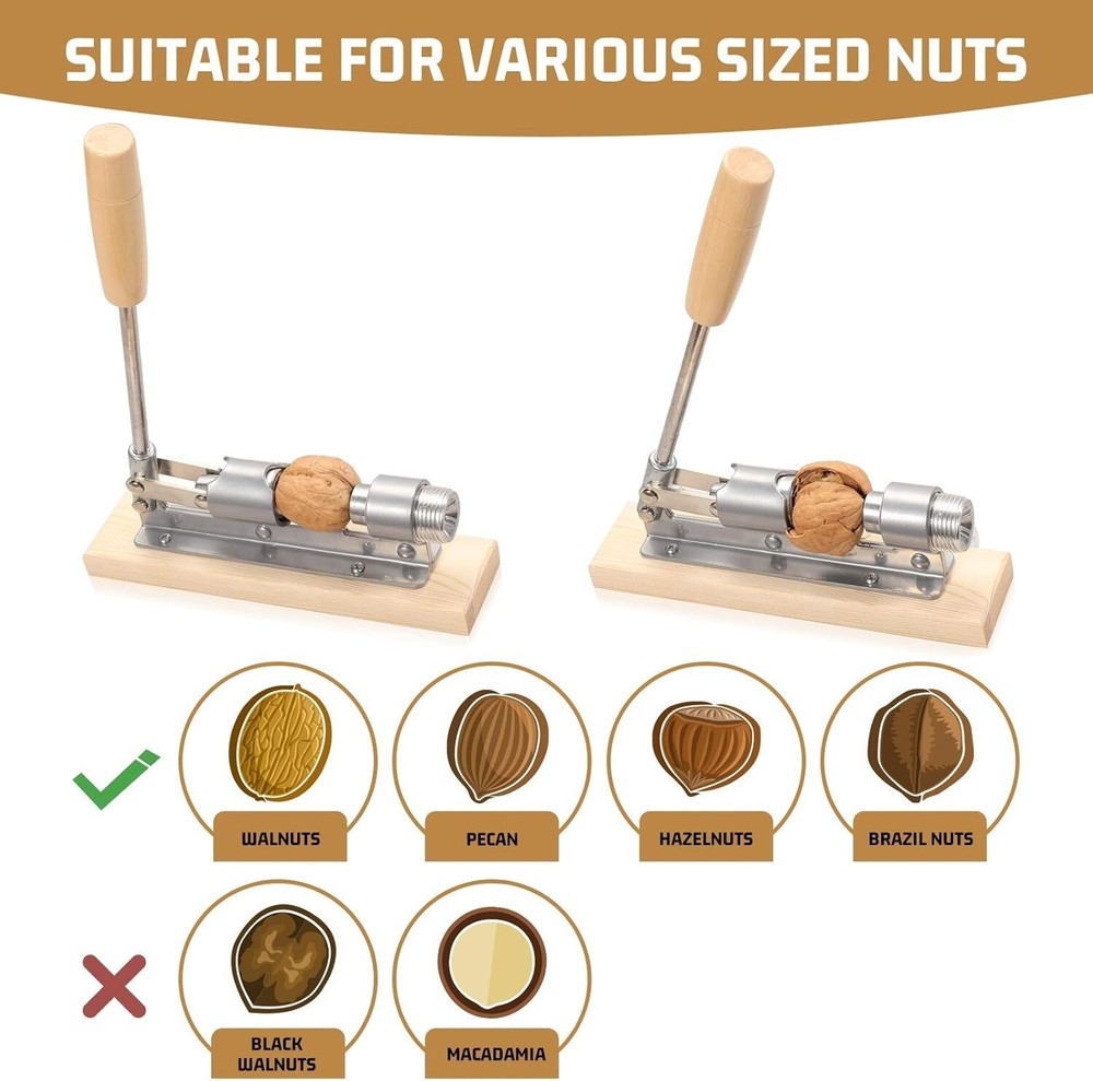 Heavy Duty Pecan Nut Cracker Tool with 4 Picks, Wood Base & Handle