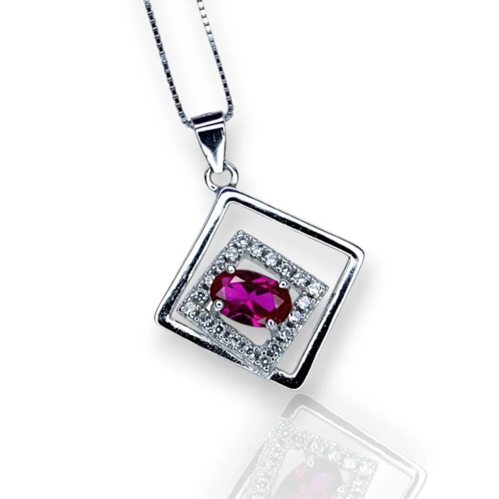 Geometric Ruby Necklace Sterling Silver Minimalist Double Square Tiny Ruby