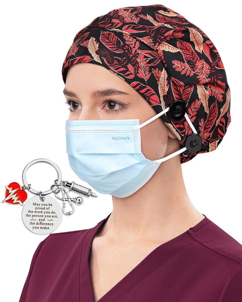 Satin Lined Bouffant Scrub Nurse Cap with 4 Buttons Sweatband Adjustable
