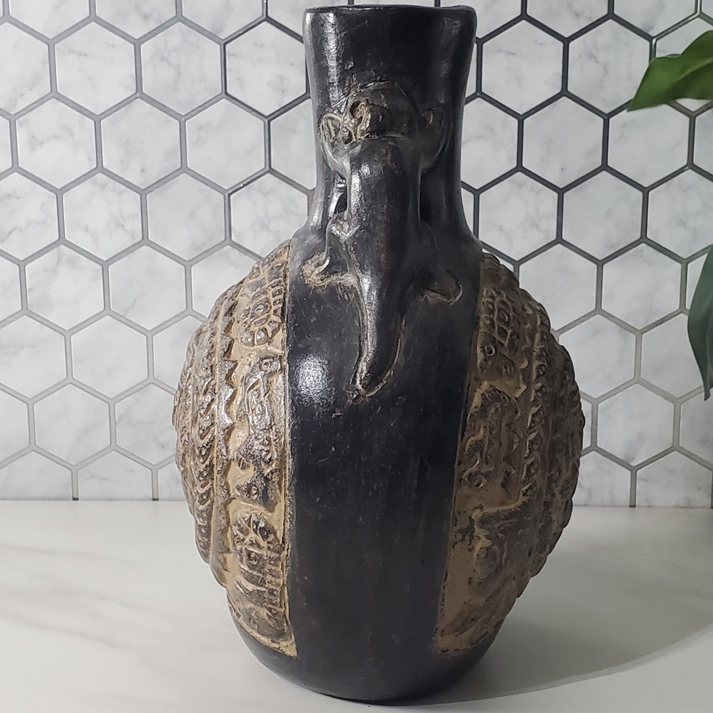 Pre Columbian Chimu Peruvian Blackware Serpent Monkey Vessel Replica