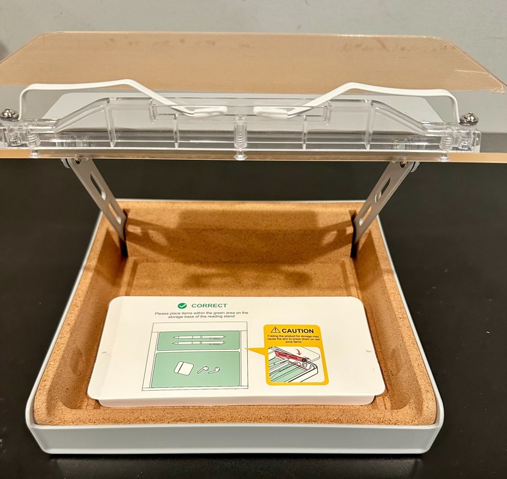 Adjustable Acrylic Book Stand with Storage- Reading Use, Storage Base *OPEN BOX*