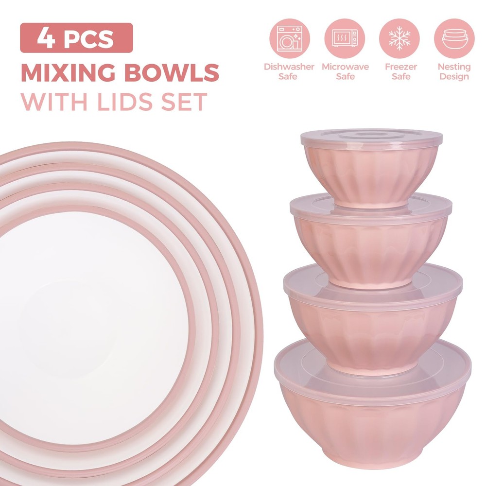 4 Pack Plastic Mixing Bowls with Lids Set Large Nesting Bowl Pink