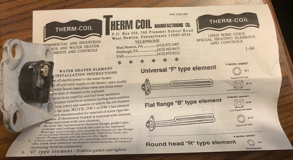 Therm-Coil F-245-U 4500 Watt 240 Volt Bolt-on Water Heater Element