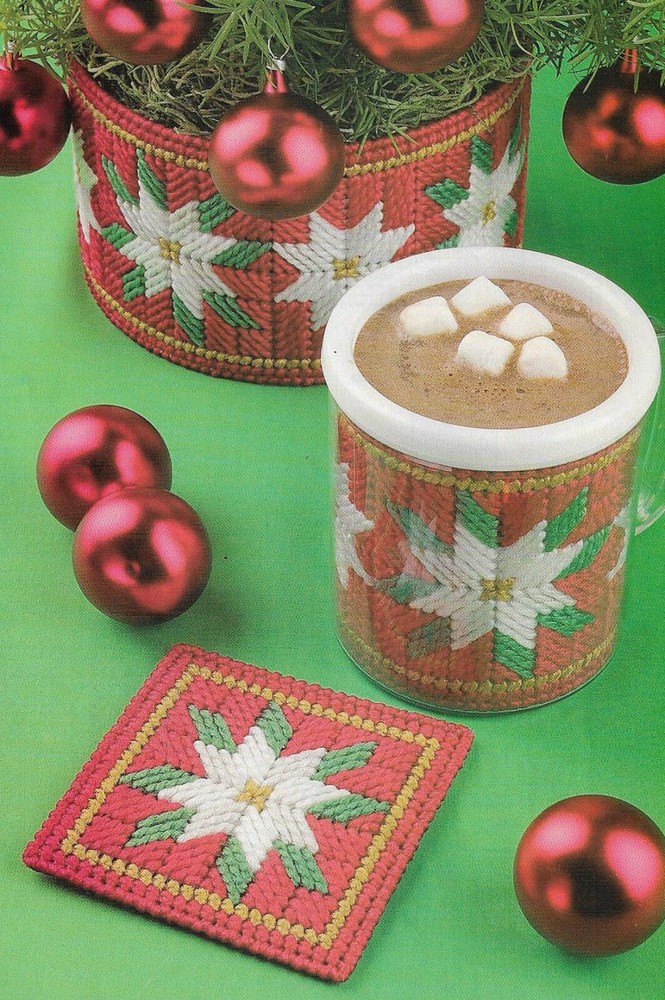 WHITE POINSETTIA SET COASTER CHRISTMAS PLASTIC CANVAS PATTERN INSTRUCTIONS
