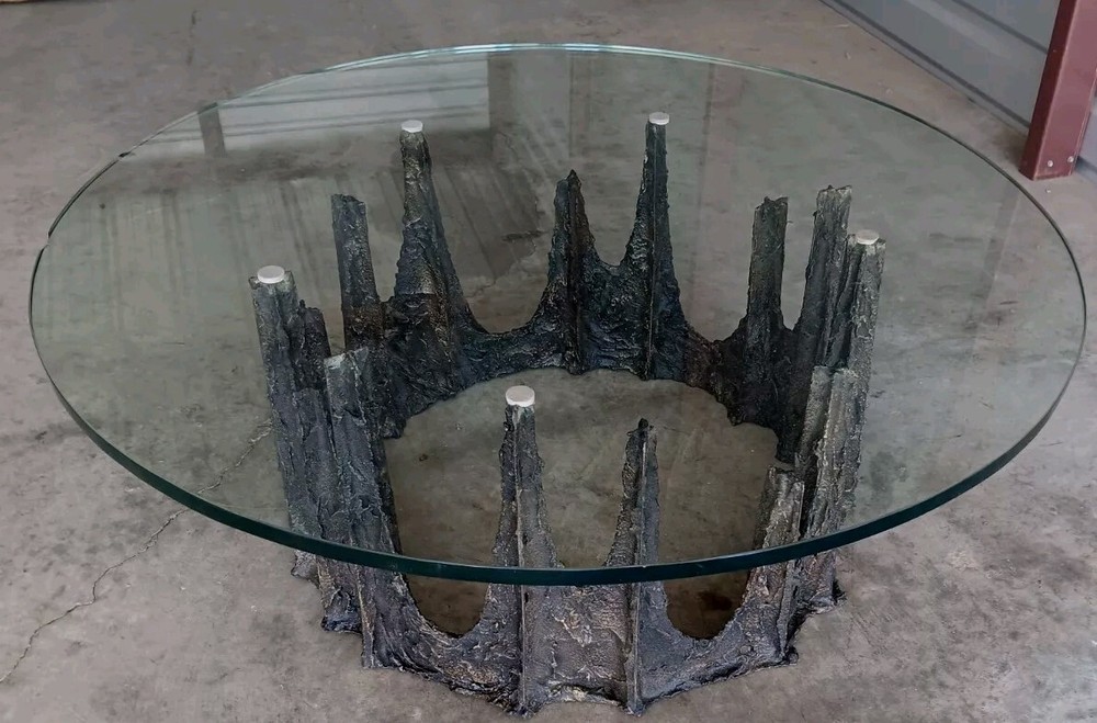 MCM BRUTALIST PAUL EVANS ABSTRACT BRONZE SCULPTURE BASE 42"GLASSTOP COFFEETABLE