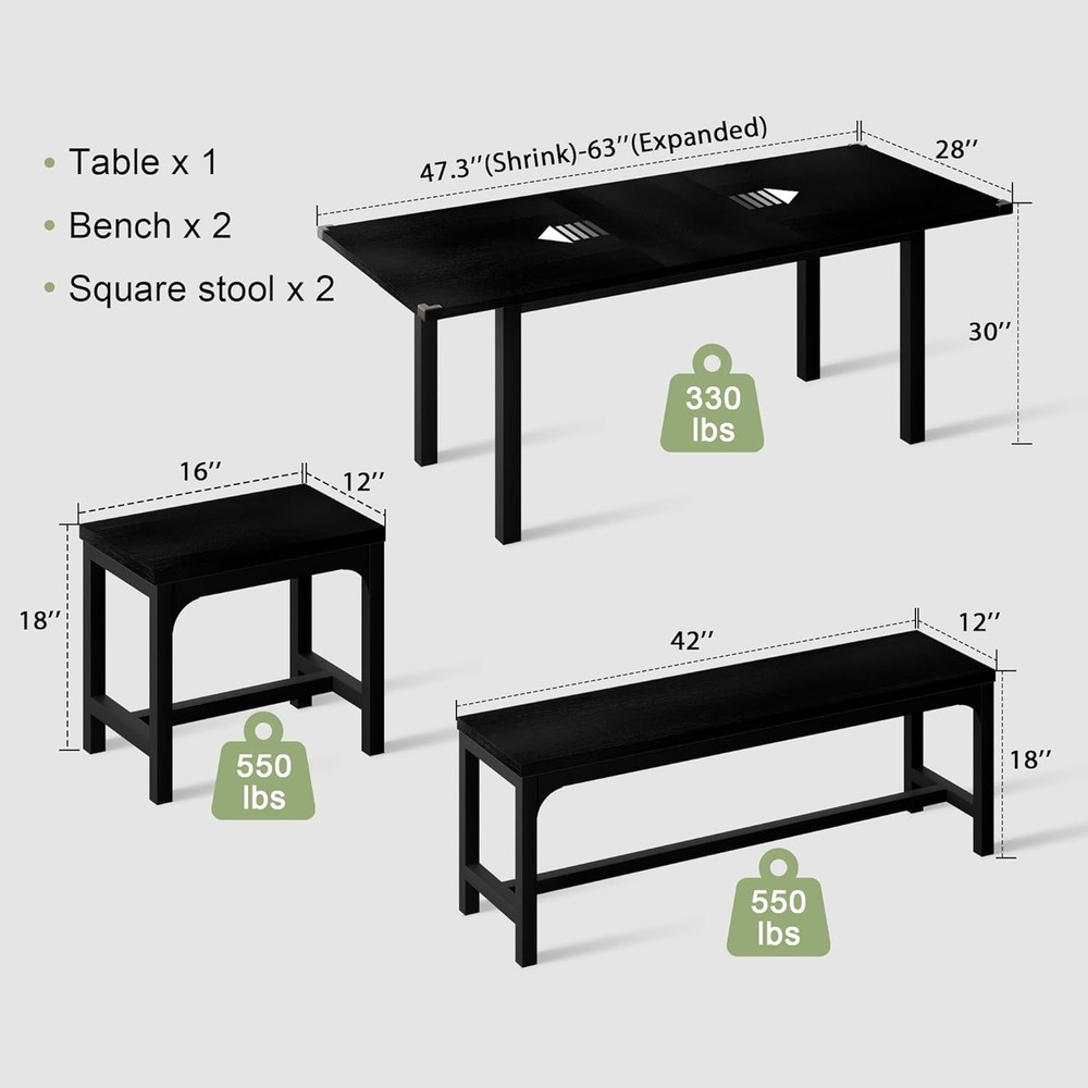 Dining Table Set for 4-8 People Extendable Kitchen Table with Benches Stools