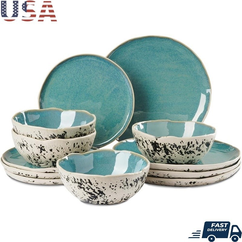 Handcrafted 12-Piece Stoneware Dinnerware Set Service 4 Unique Durable Design US