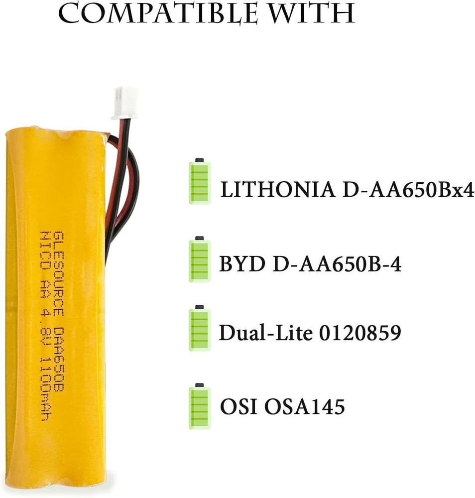 Emergency Lighting Battery 4.8V 1100mAh Ni-CD Replacement 2 Pack