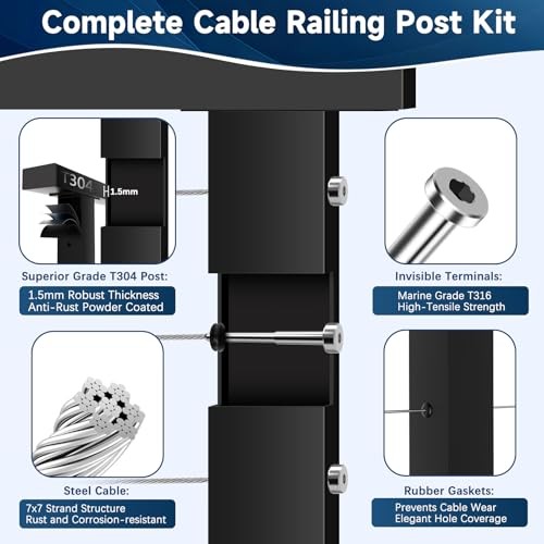 One-Stop Cable Railing Post Kit, 4 Pack Fixed Top 36" 1 Level Posts Kit- 4 Pack