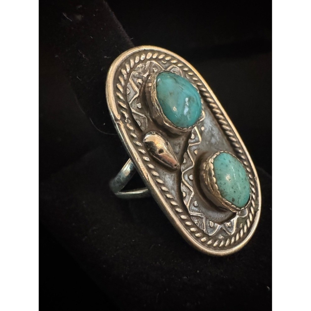 Sterling Silver Double Turquoise Statement Ring - Turquoise Blue native design