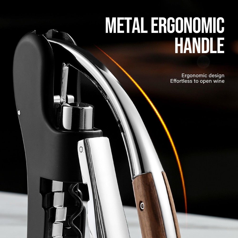 Wine Bottle Opener, Vertical Lever Corkscrew with Built M, Walnut wood handle