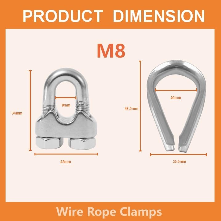 8-Piece Stainless Steel Cable Clamp & Thimble Set