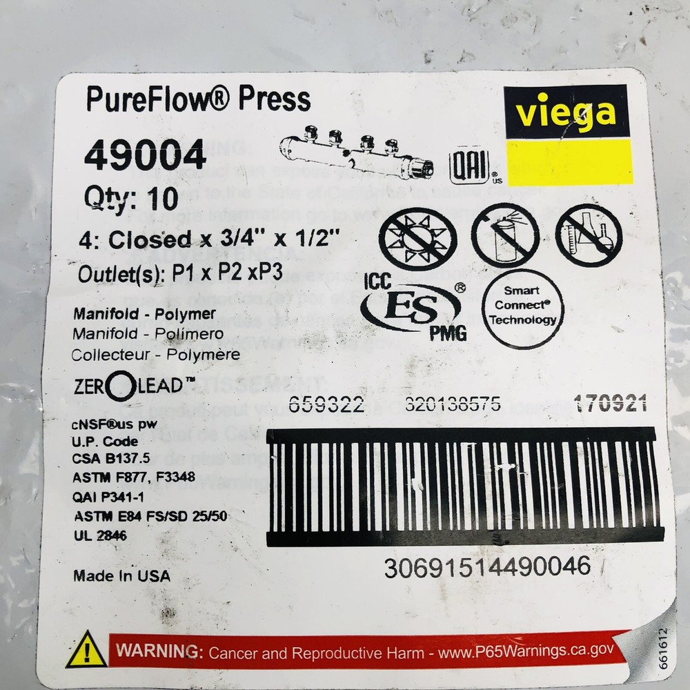 LOT OF 10 PUREFLOW® VIEGA 49004 PRESS MANIFOLD 4: CLOSED X ¾" X ½"