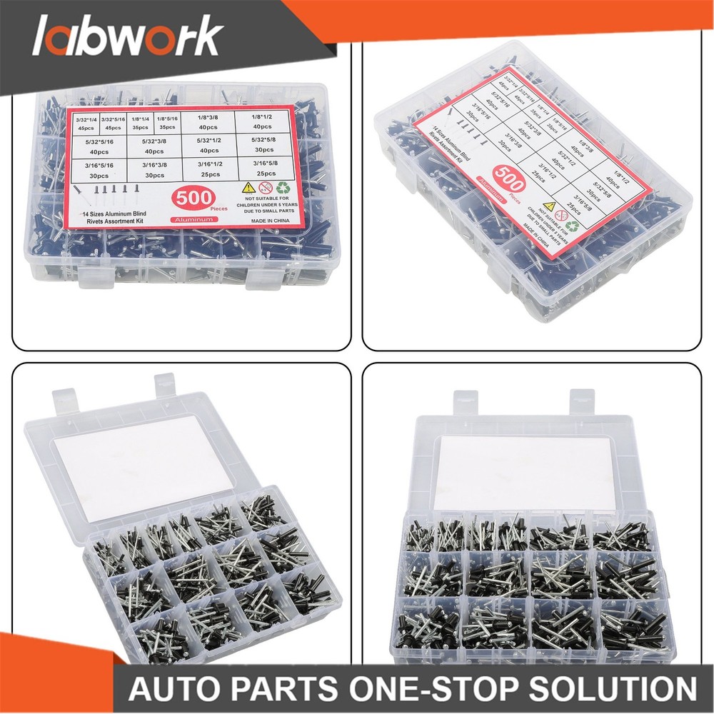Labwork 500pcs Black Rivets Assortment Kit with 14 SAE Sizes (3/32"-3/16")