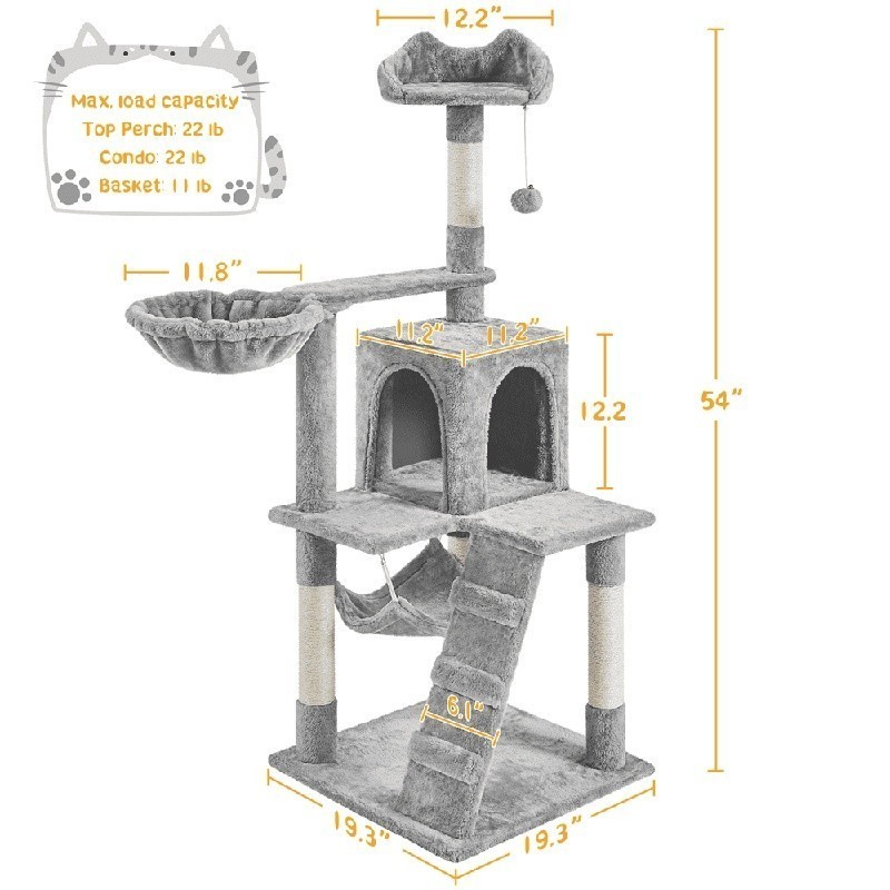 54" Cat Tree Tower Hammock Basket Scratching Post Multi Level Small Cats New