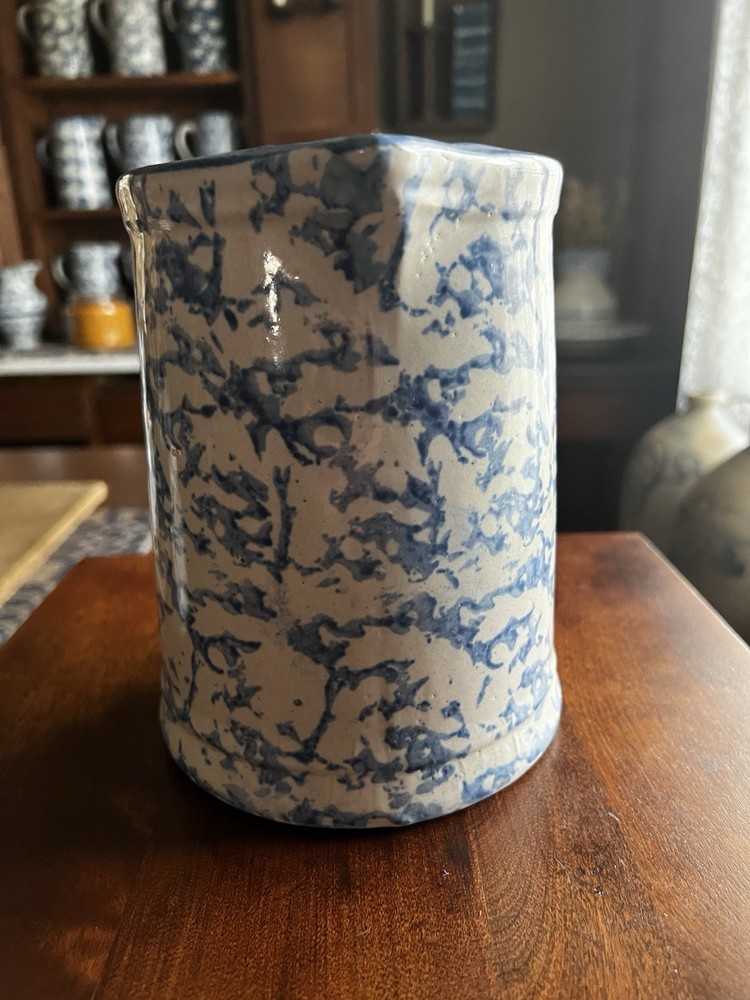 Antique Blue & White Spongeware Hallboy Pitcher – Nice Pattern – Early Stoneware