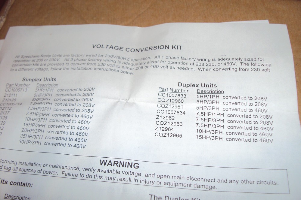 SPEEDAIRE 1WF41 STARTER KIT , CONVERSION KIT , 5 HP , 3 PH