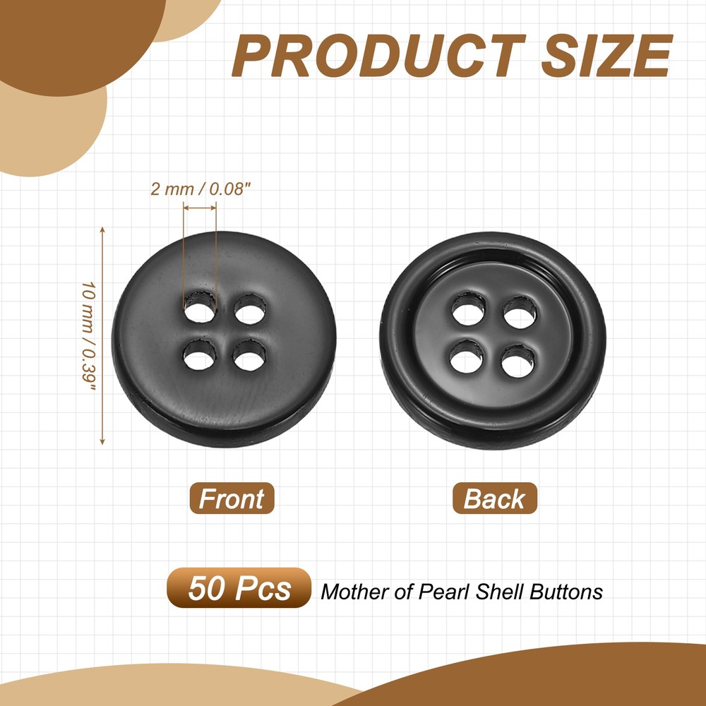 Natural Shell Button 4 Hole Shell Round Sewing Buttons 10 mm & 50 Pack & Black