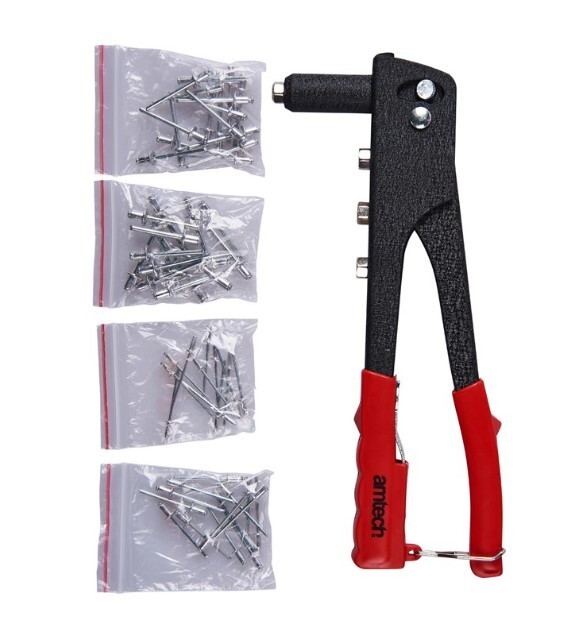 Amtech Hand Rivet Gun Heavy Duty 4 Head Nozzle Assorted Riveter 60pc Rivets