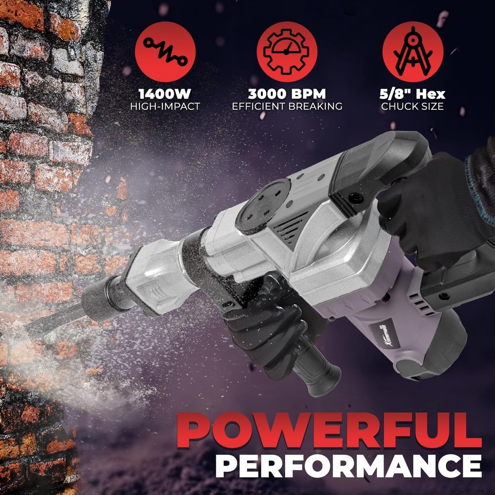 XtremepowerUS 1400W Demolition Electric Jack Hammer Point & Flat Chisel Bits Set