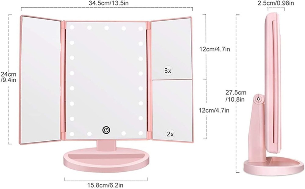 Tri-fold Lighted Vanity Makeup Mirror W/ 3x/2x Magnification