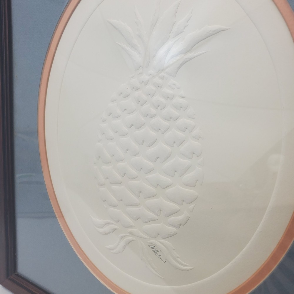 Dot Goodwin Embossed Pineapple White Paper Art Framed Signed 16.5"x14.5"