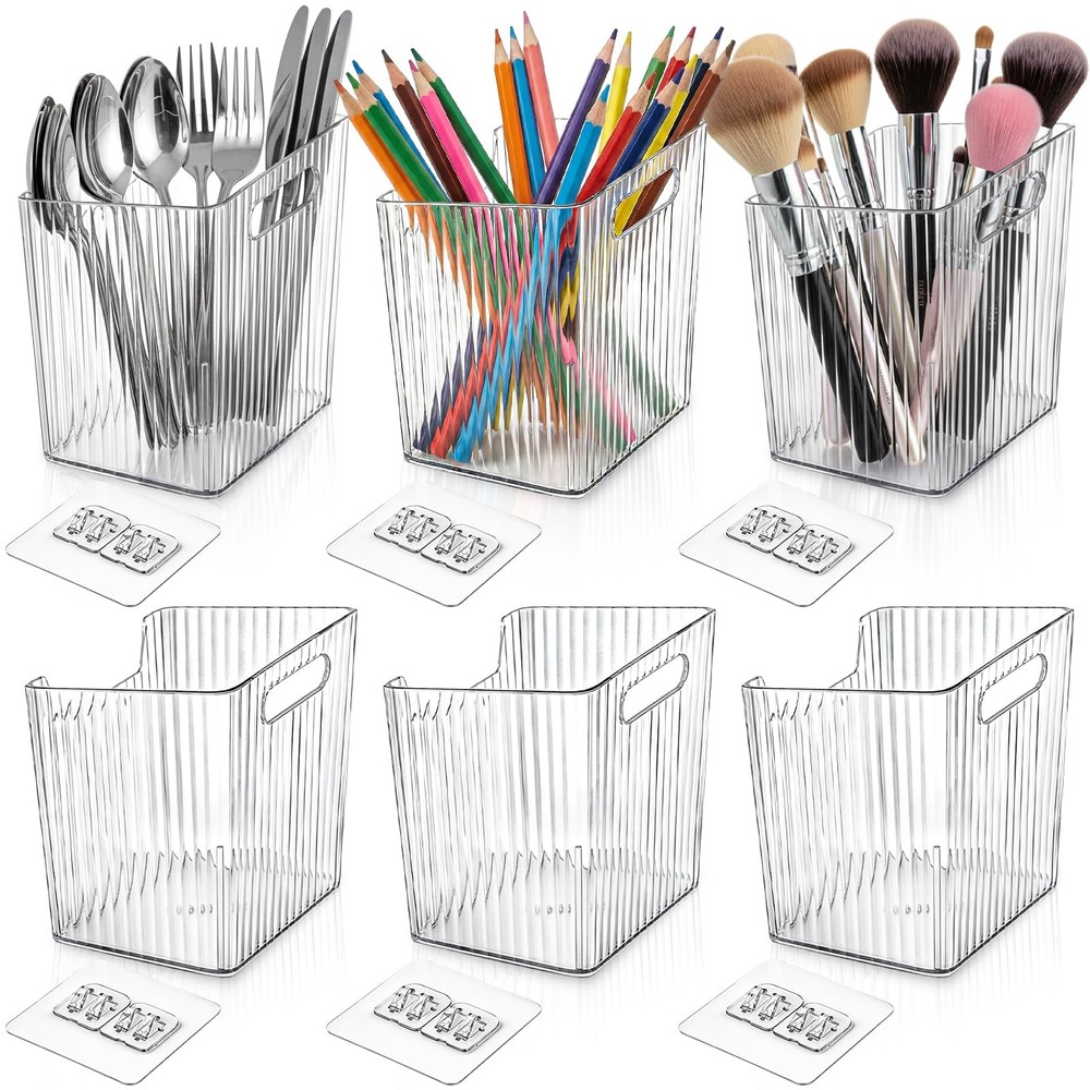 6 Pack Wall Mount Storage Bins, Plastic Clear Shower Basket Caddy with Self-A...